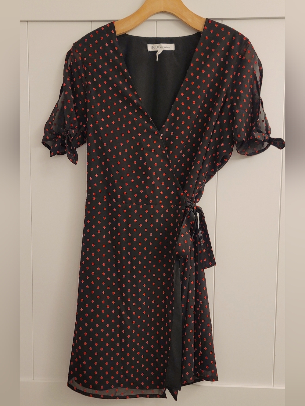 BCBGeneration Black Wrap Dress with Red Polka Dots Size M